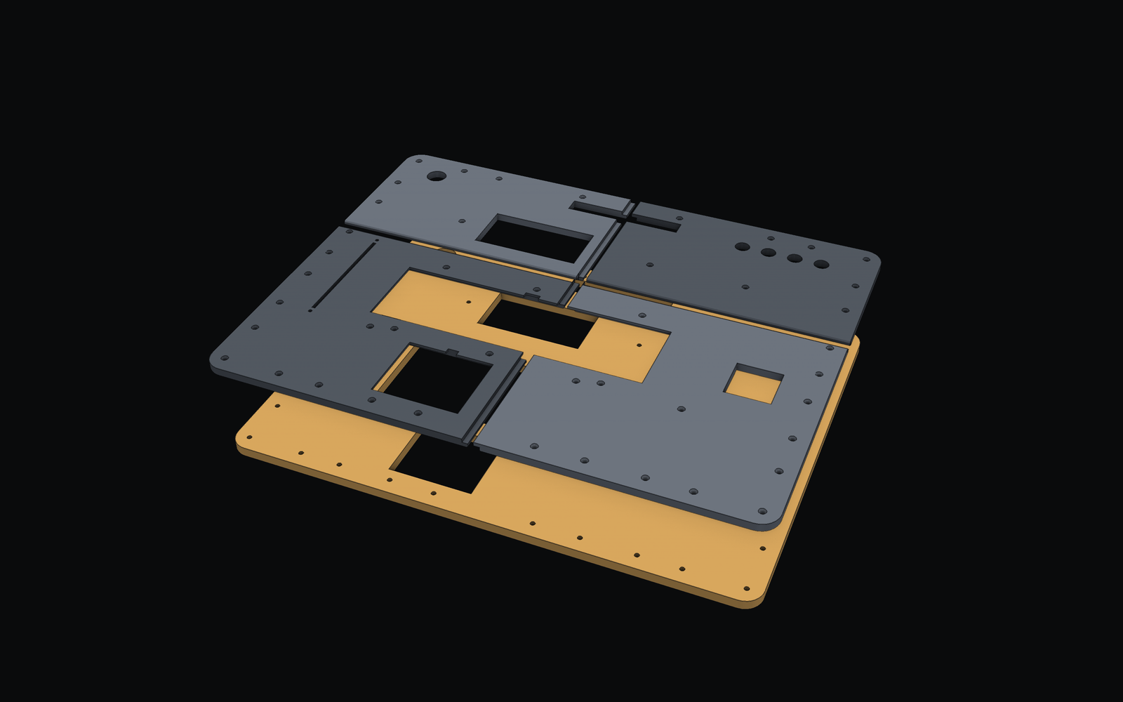 Exploded render of the base insert: four printed panel quarters above a birch sub-frame