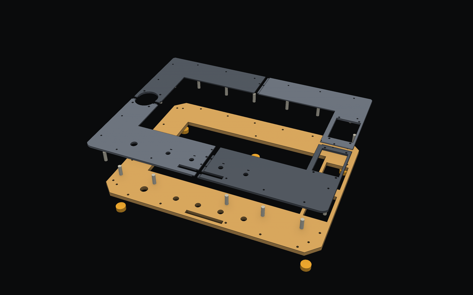Exploded render of the lid insert: four printed panel quarters, standoffs, a birch frame, and five lid bosses