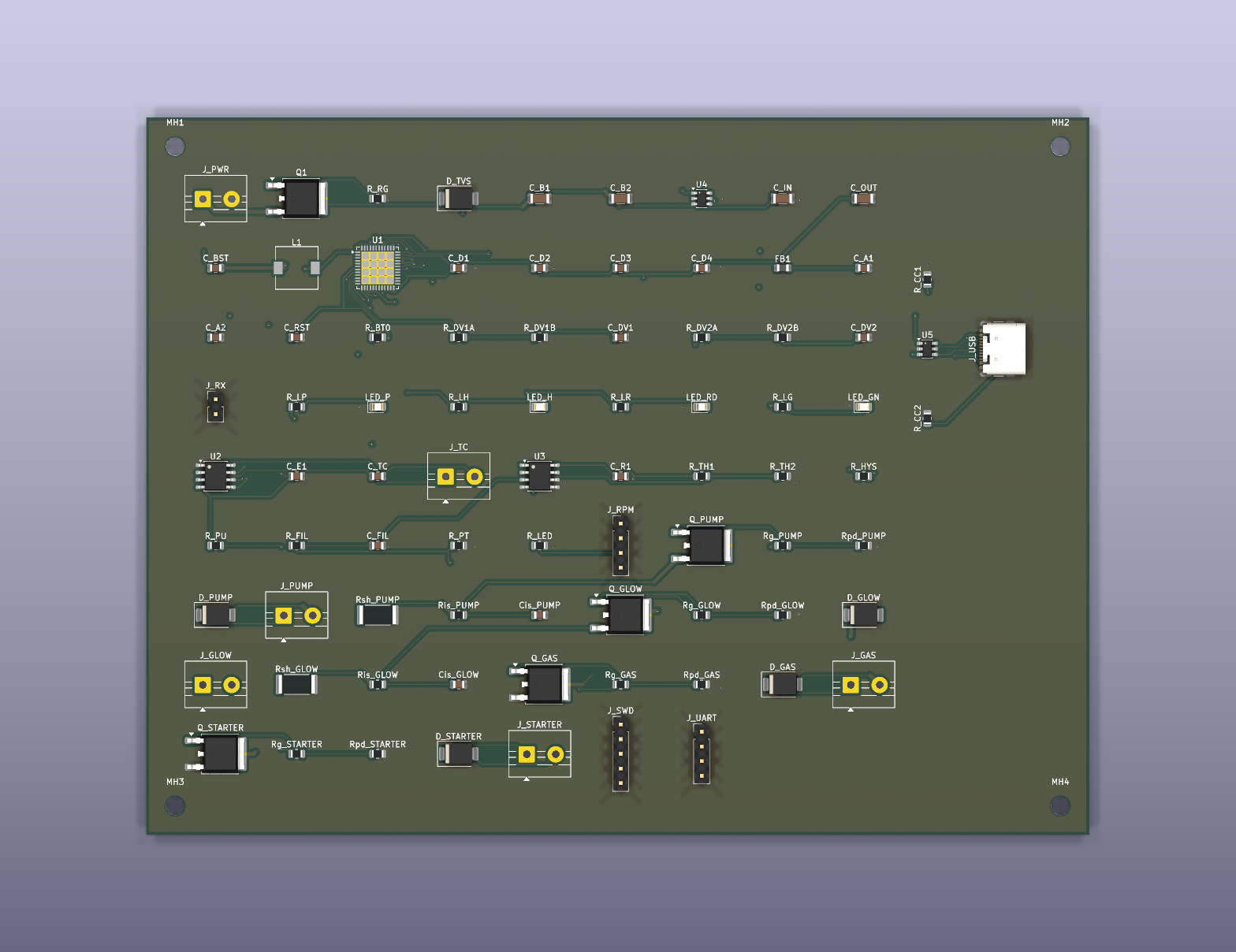 TurbineECU — routed 4-layer board, 3D render
